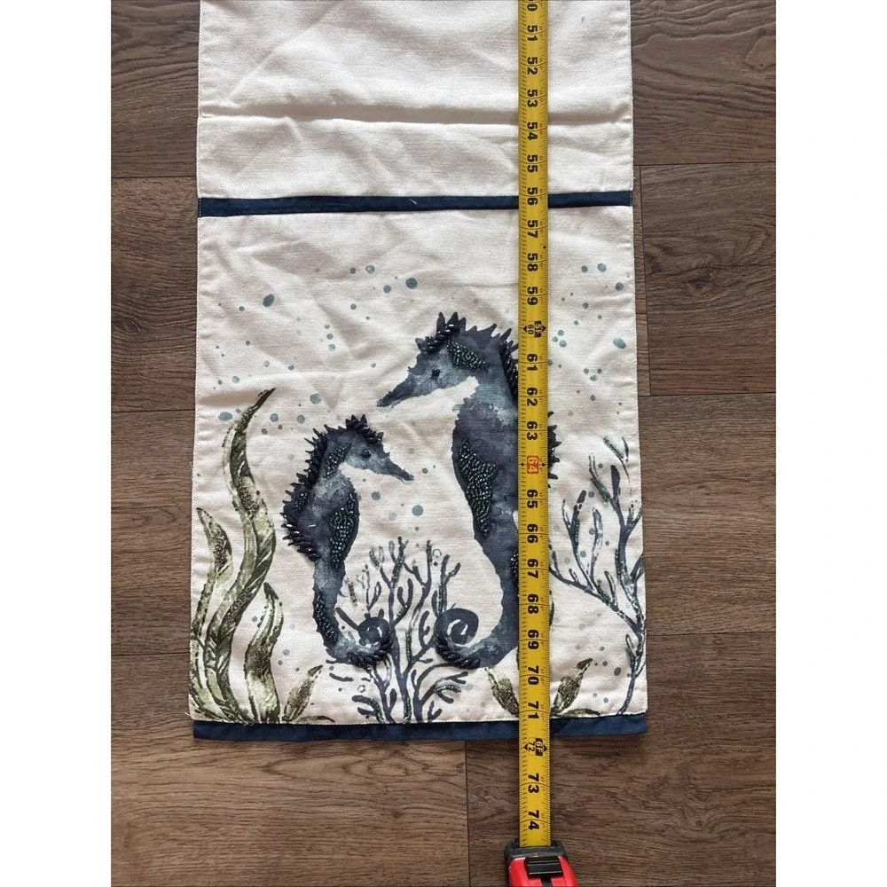 Vintage Pier 1 Imports 13x72 Beaded Table Runner Ocean Seahorse Blue And Cream